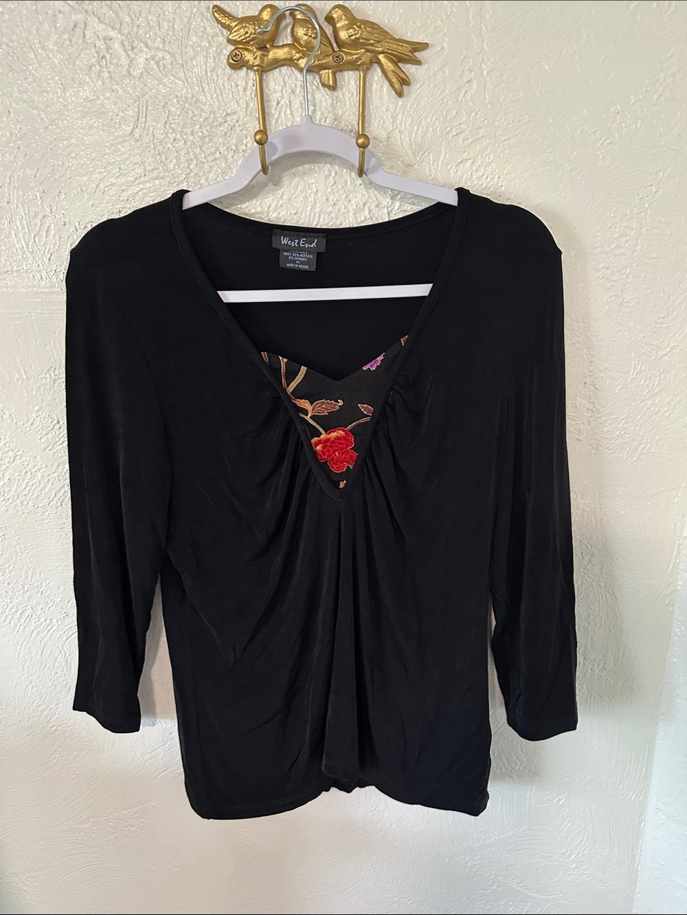 West End Black V-Neck Blouse with Embroidered Floral Inset size medium